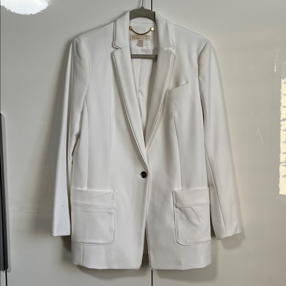 NWOT MICHAEL KORS Classic White Tweed Blazer Lined Gold Buttons, Size 10